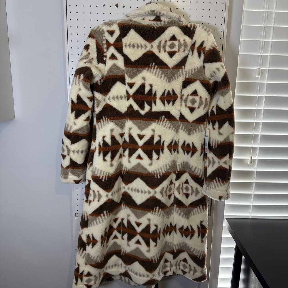 Shyanne Long Sherpa Coat Women's Medium Cream Southwestern Print Notch Lapel NWT - Picture 7 of 14